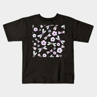 Watercolor Pink Dragonflies and Flowers Kids T-Shirt